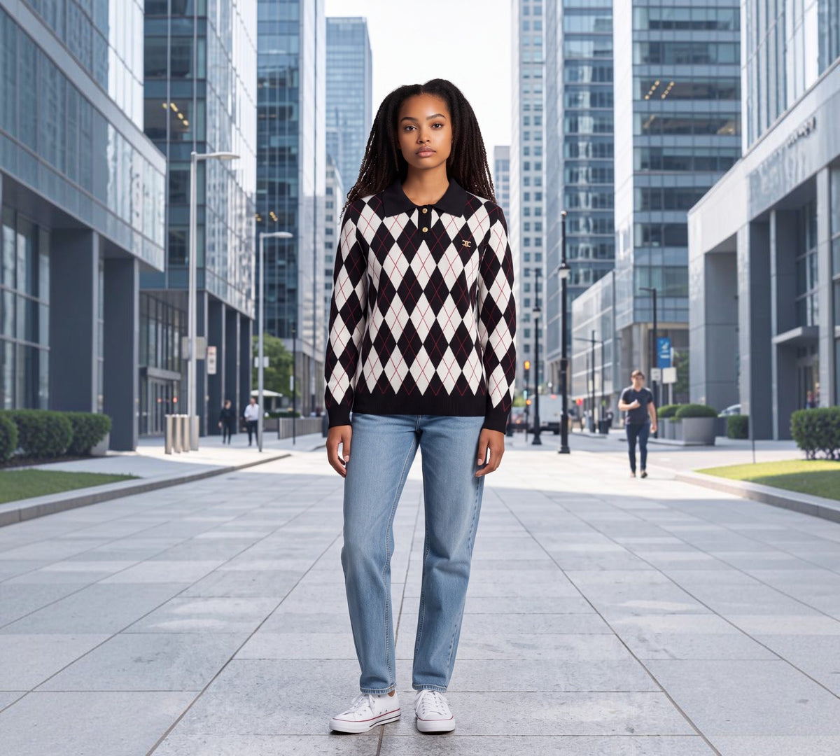Black And Ivory Argyle Polo Collar Knit Sweater - Above the Crowd Boutique