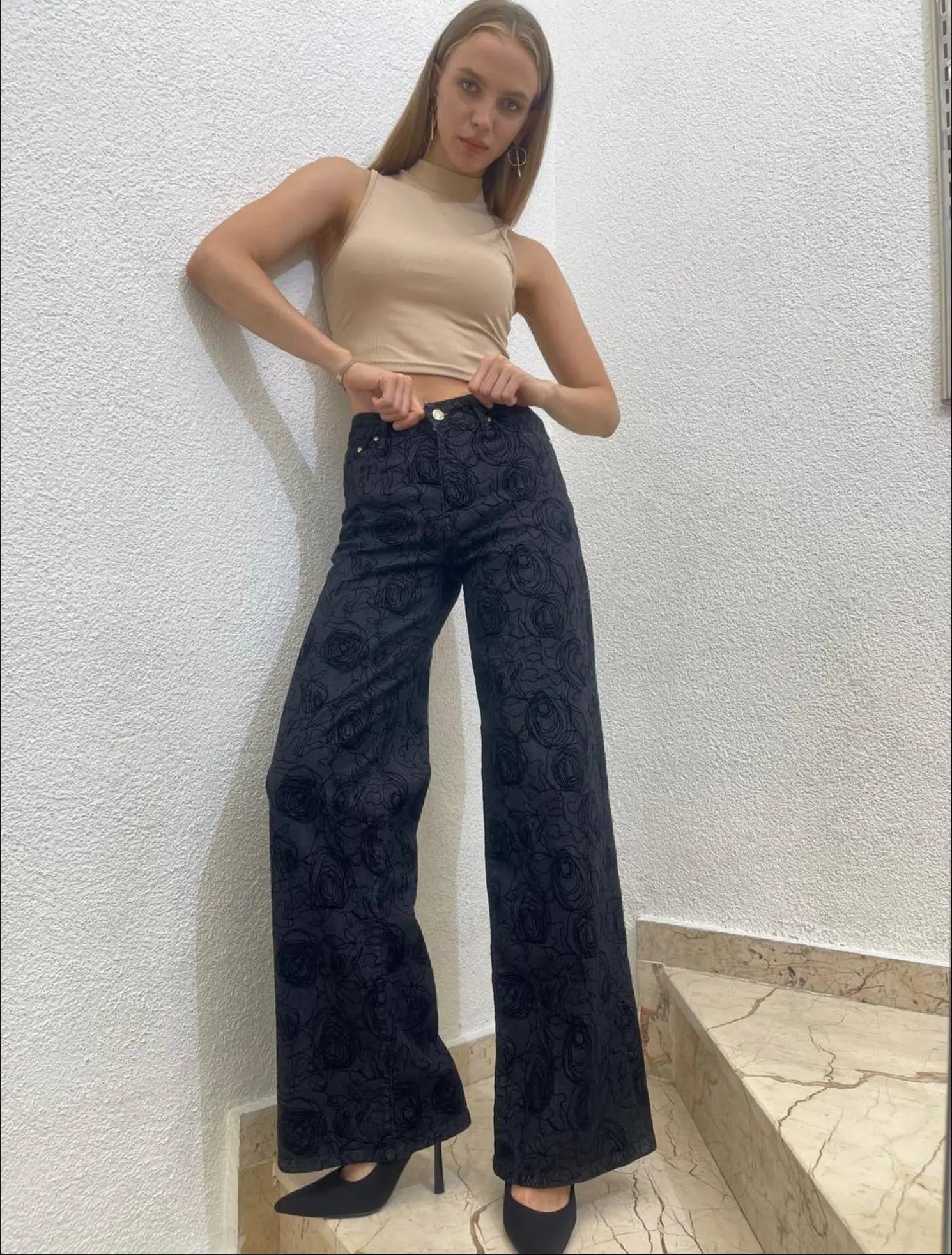 Nobello Wide Black Embroidery Jeans 105 Nobello