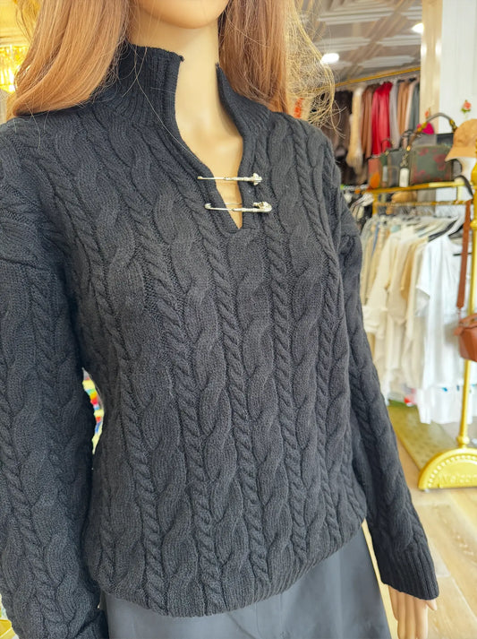 Nobello Women’s Cable-Knit Sweater with Pin Detail – SKU 17488 Nobello