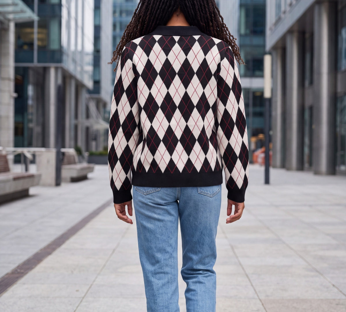 Black And Ivory Argyle Polo Collar Knit Sweater - Above the Crowd Boutique