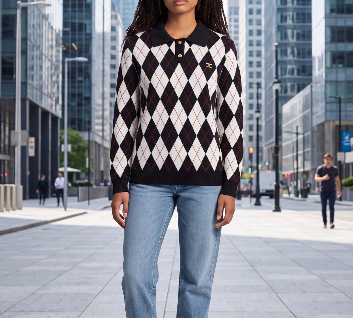 Black And Ivory Argyle Polo Collar Knit Sweater - Above the Crowd Boutique