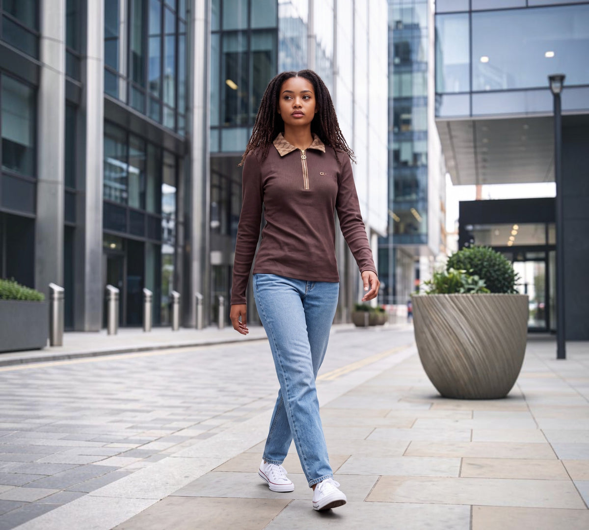 Chocolate Brown Long-Sleeve Half-Zip Polo Sweater with Contrast Pattern Collar - Above the Crowd Boutique