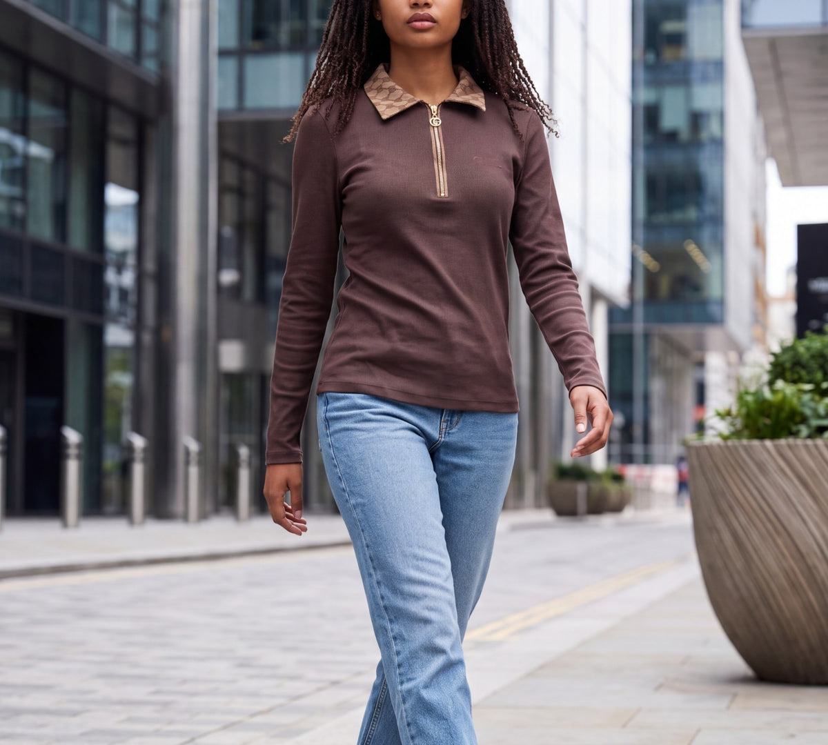 Chocolate Brown Long-Sleeve Half-Zip Polo Sweater with Contrast Pattern Collar - Above the Crowd Boutique