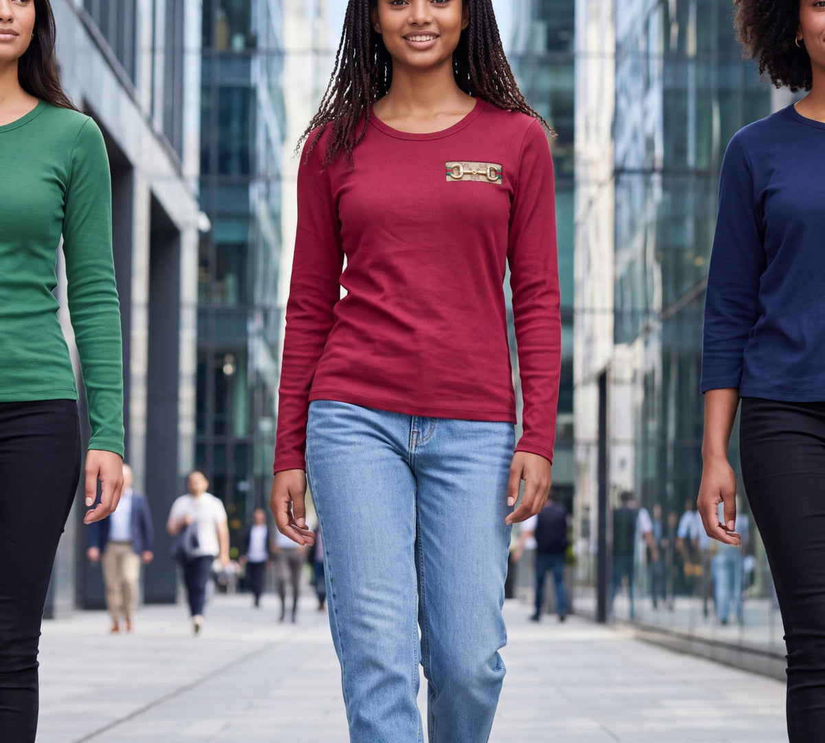 Long-Sleeve Scoop Neck T-Shirt with Equestrian-Inspired Chest Accent - Above the Crowd Boutique