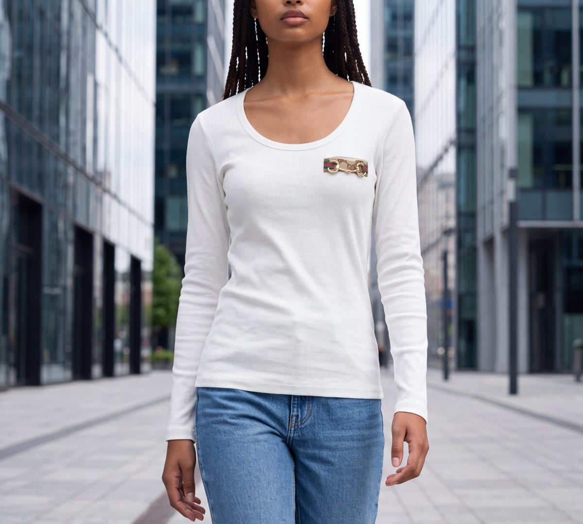 Long-Sleeve Scoop Neck T-Shirt with Equestrian-Inspired Chest Accent - Above the Crowd Boutique