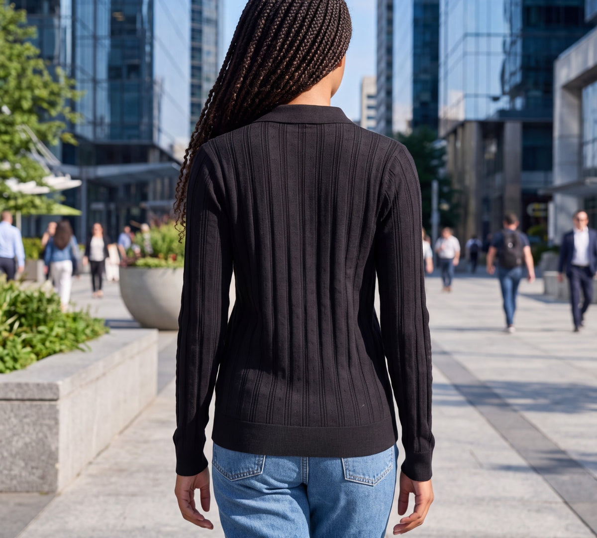 Bee Button Pointelle Polo Knit Sweater - Above the Crowd Boutique