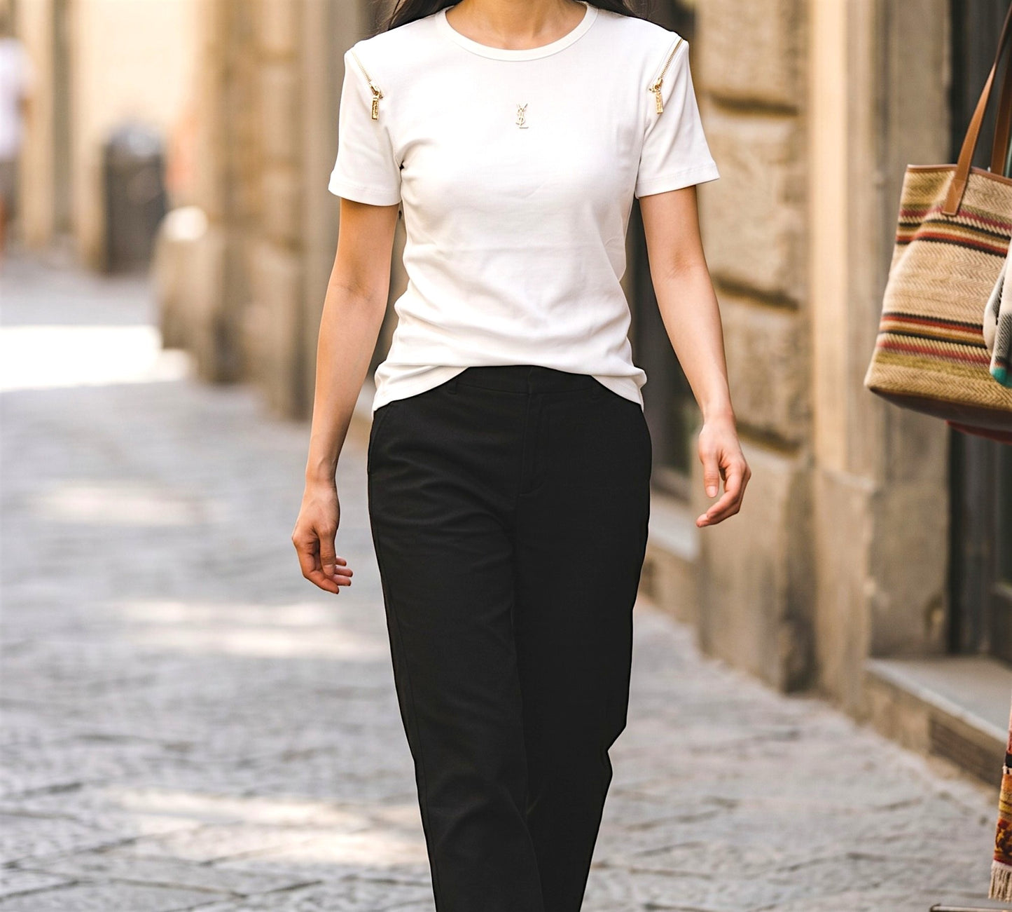 Elegant Ribbed White T-Shirt with Gold Shoulder Zipper Detail-Above the Crowd Boutique