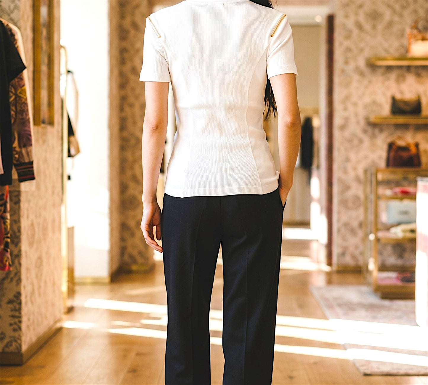 Elegant Ribbed White T-Shirt with Gold Shoulder Zipper Detail-Above the Crowd Boutique