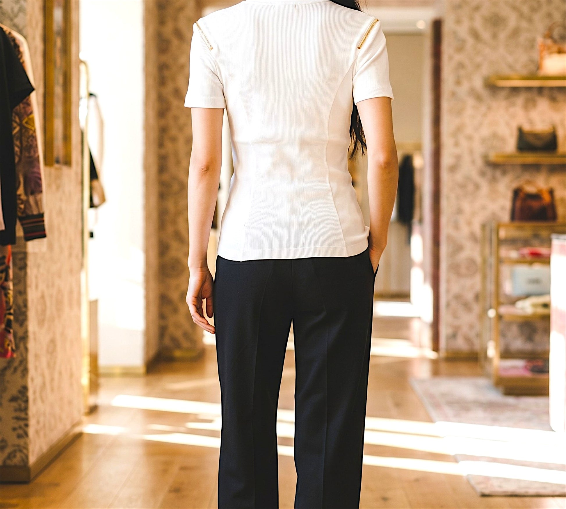 Elegant Ribbed White T-Shirt with Gold Shoulder Zipper Detail-Above the Crowd Boutique