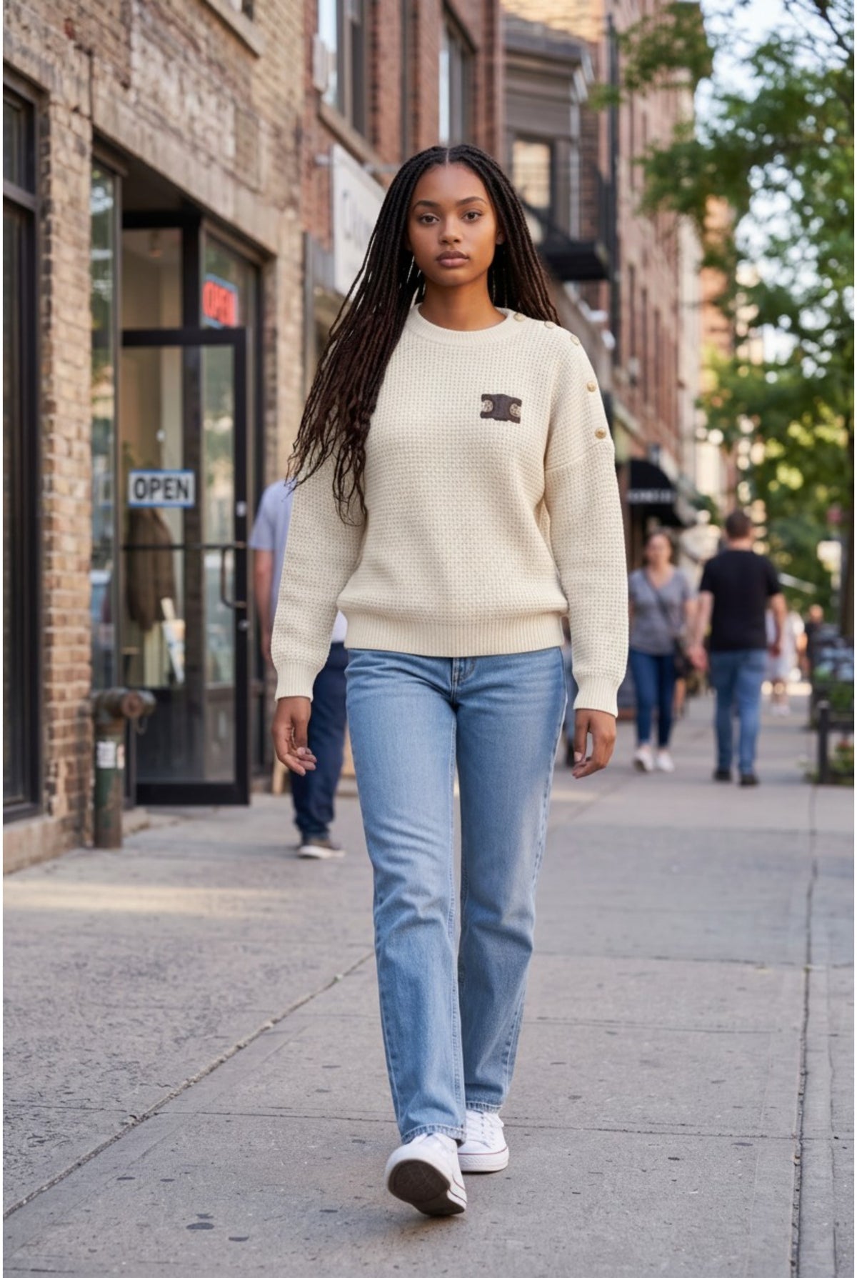 Taupe Textured Knit Statement Sweater with Gold-Tone Shoulder Buttons