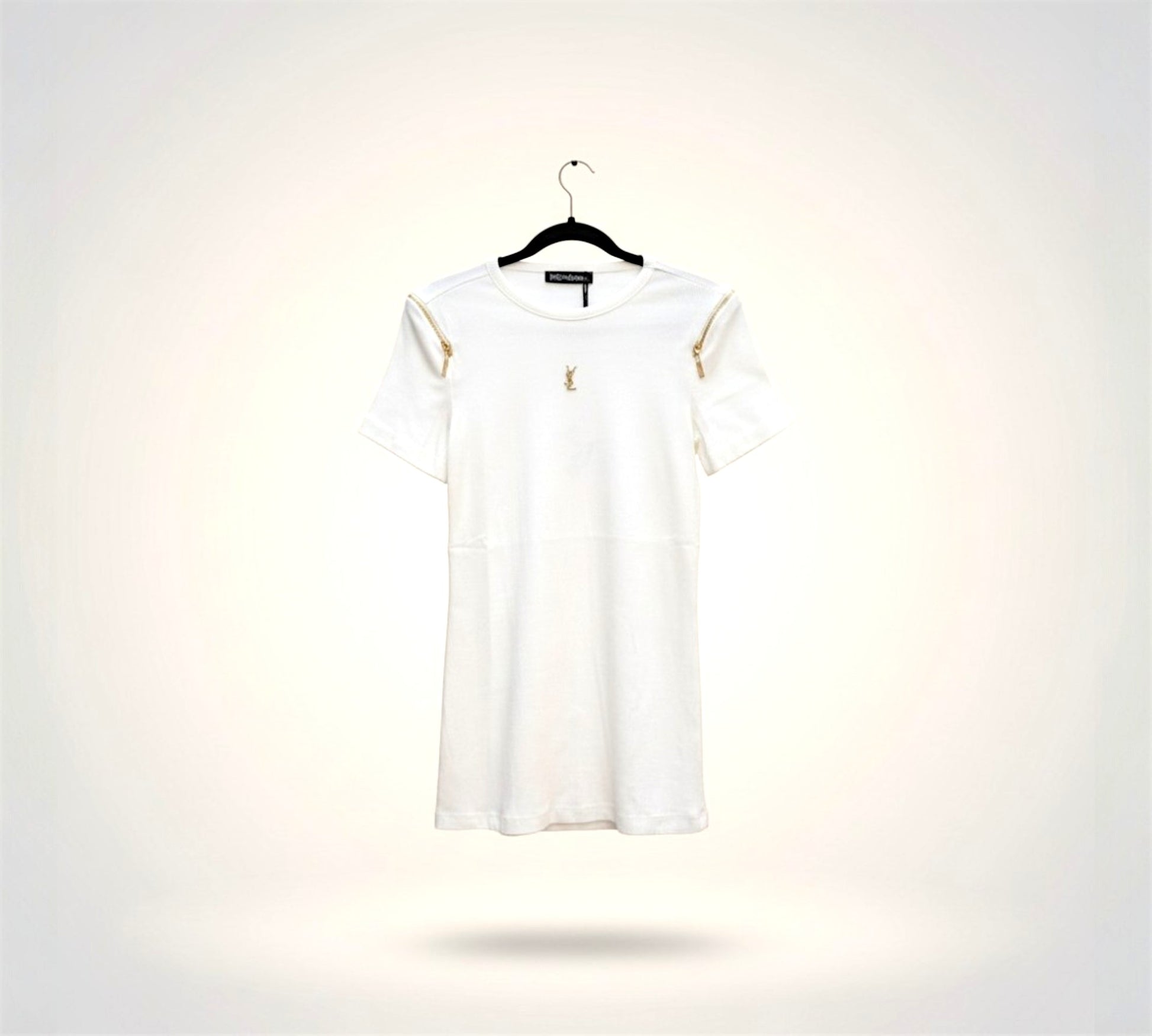 Elegant Ribbed White T-Shirt with Gold Shoulder Zipper Detail-Above the Crowd Boutique