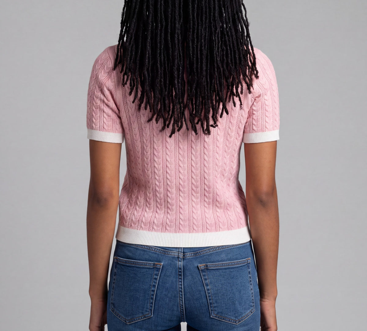 Pink Cable-Knit Short-Sleeve Sweater Top with Contrast Trim