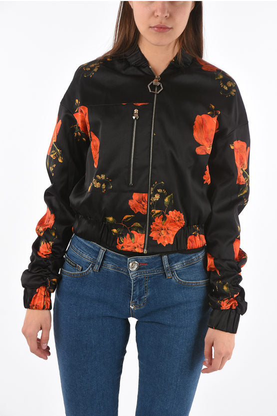 PP Roses Printed Silk Cropped Bomber Philipp Plein