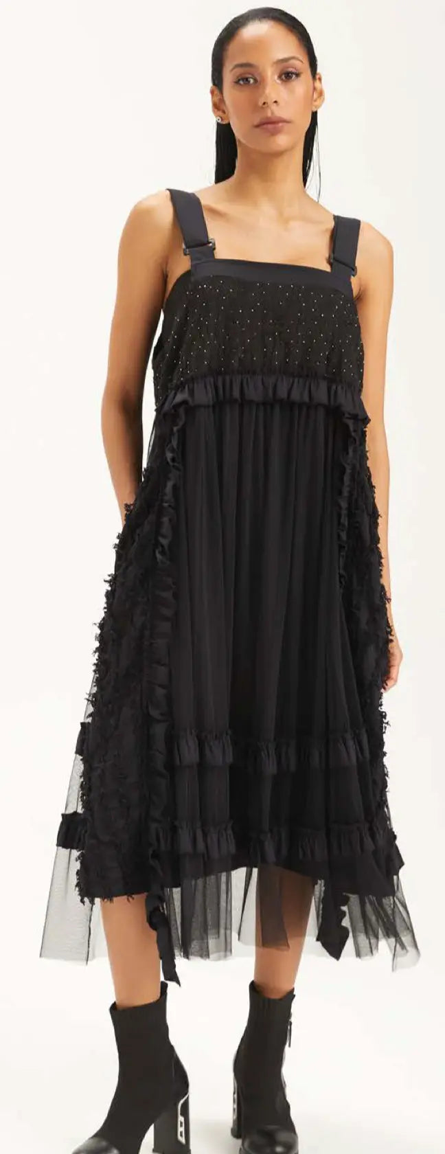 Parisian Chic: Women's Black Mesh Overlay A-Line Summer Dress H-4