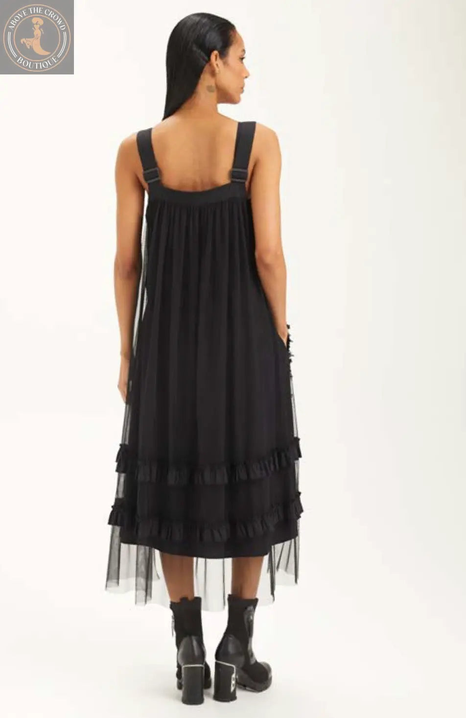 Parisian Chic: Women's Black Mesh Overlay A-Line Summer Dress H-4