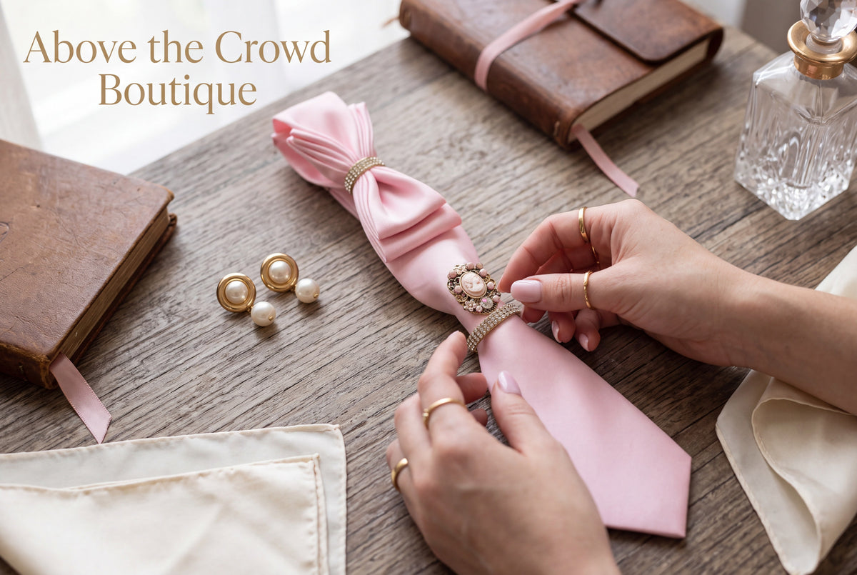 Handmade Blush Pink Cameo Statement Necktie with Velvet Choker - Above the Crowd Boutique