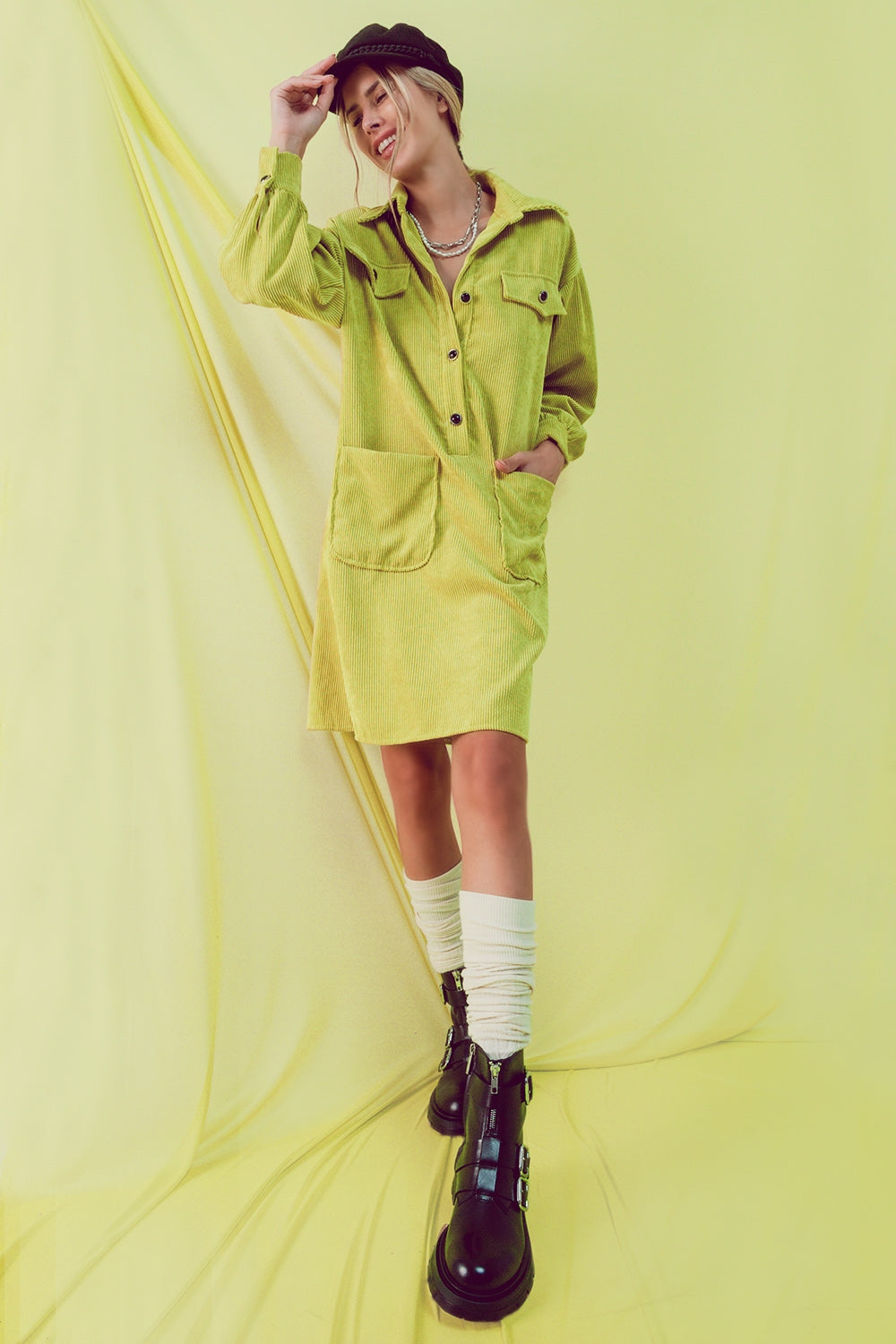 Q-2 Corduroy Mini Lime Dress Q-2