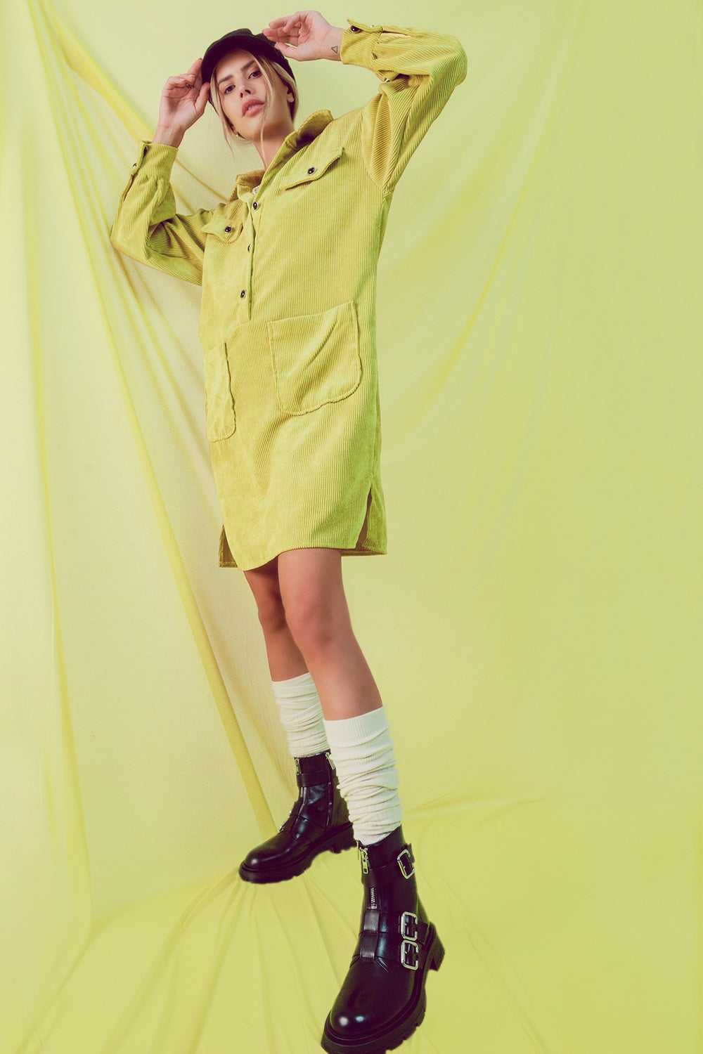 Q-2 Corduroy Mini Lime Dress Q-2