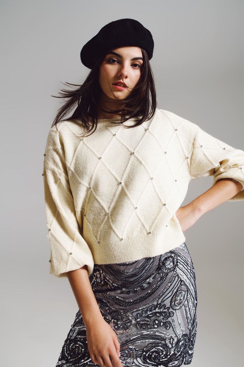 Q-2 Ivory Sweater With Embellished Details Q-2