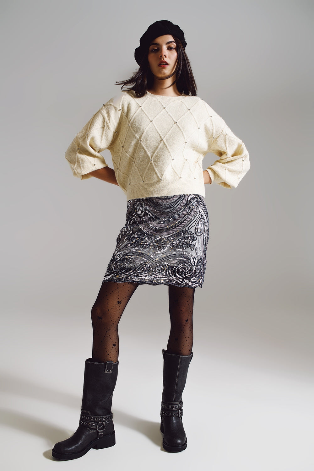 Q-2 Ivory Sweater With Embellished Details Q-2