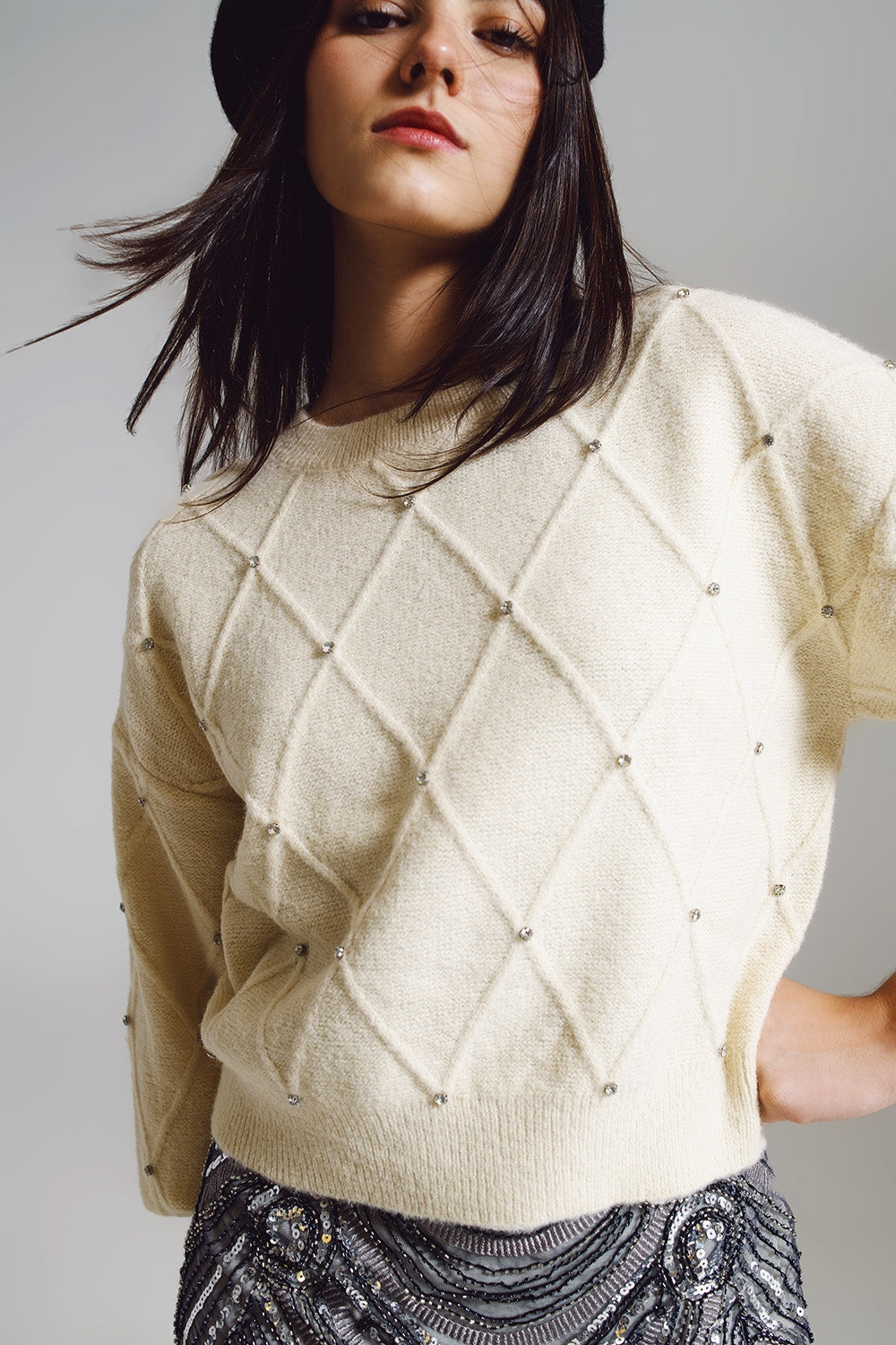 Q-2 Ivory Sweater With Embellished Details Q-2