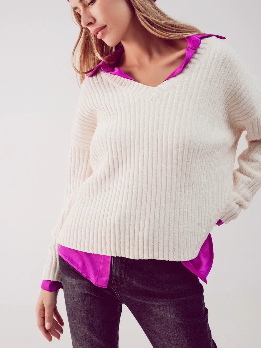 Q-2 Knitted Chenille Jumper in Cream 5223806 Q-2