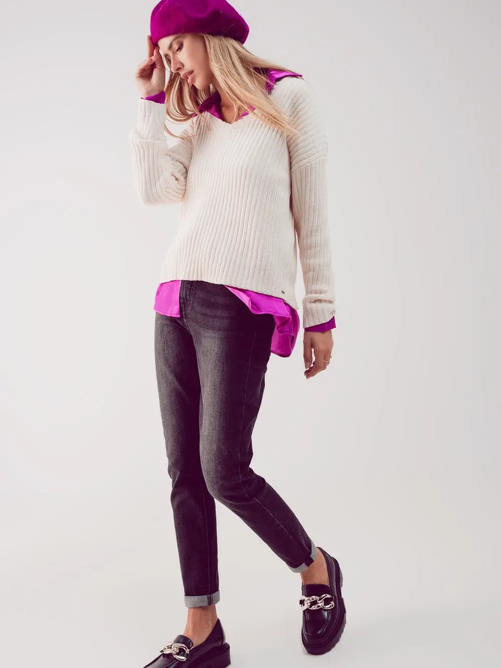 Q-2 Knitted Chenille Jumper in Cream 5223806 Q-2