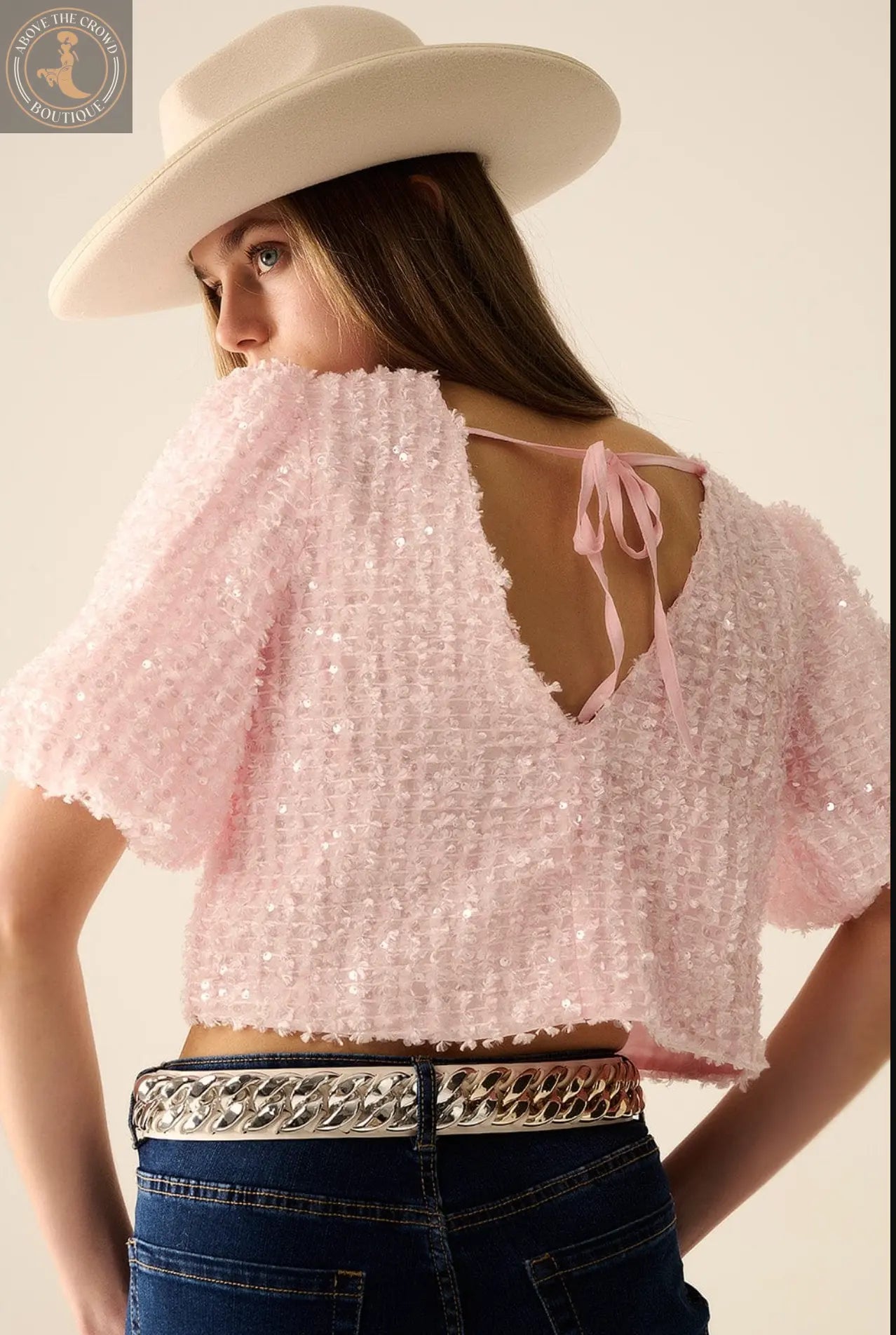 Q2 Pink Top With Sequin Detail And Balloon Sleeves Q-2