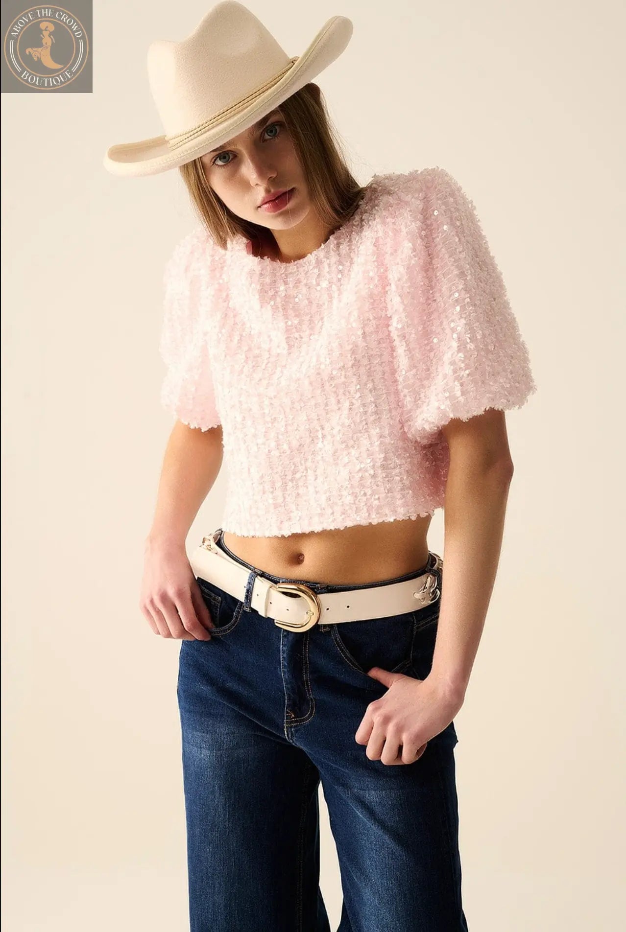 Q2 Pink Top With Sequin Detail And Balloon Sleeves Q-2