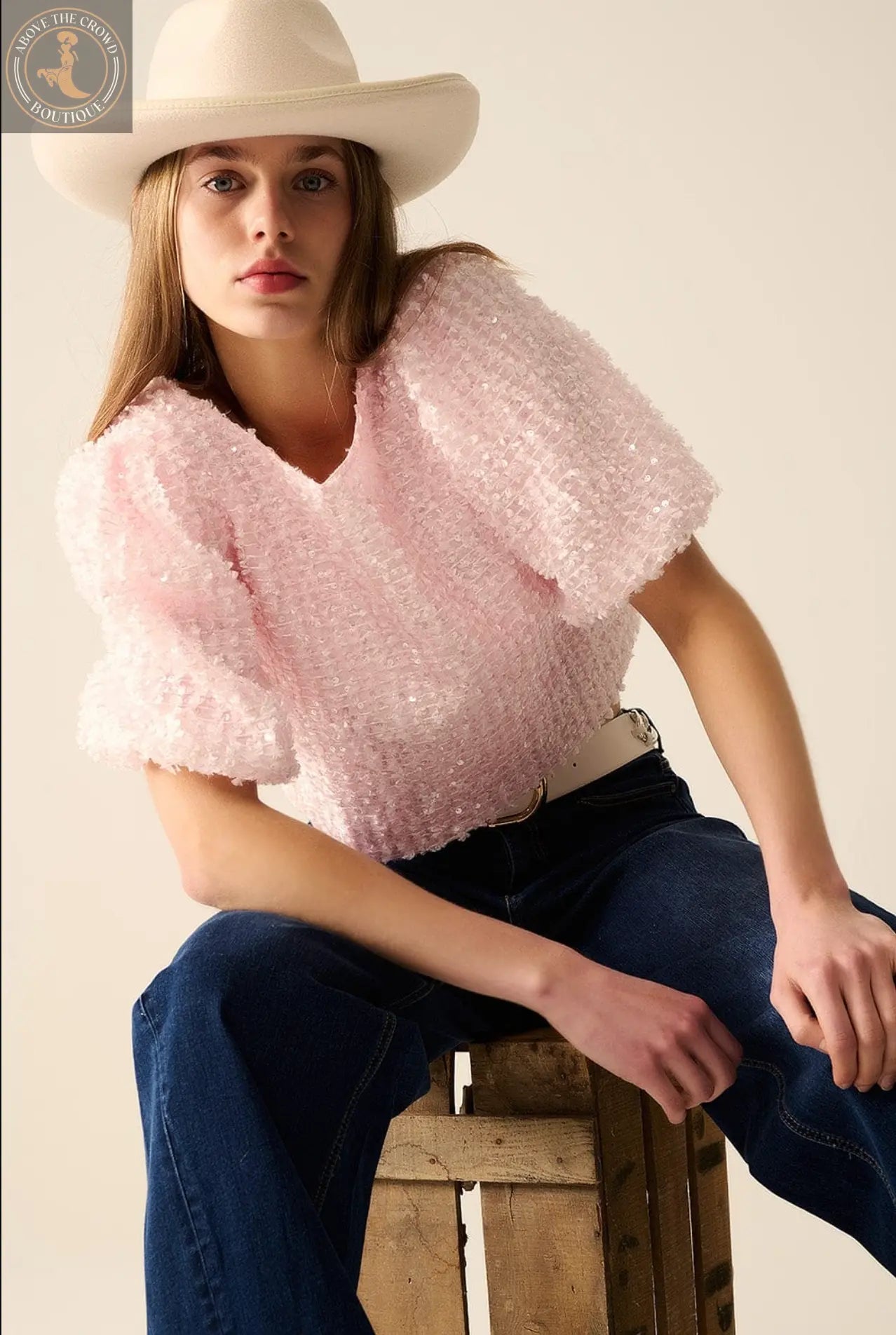 Q2 Pink Top With Sequin Detail And Balloon Sleeves Q-2