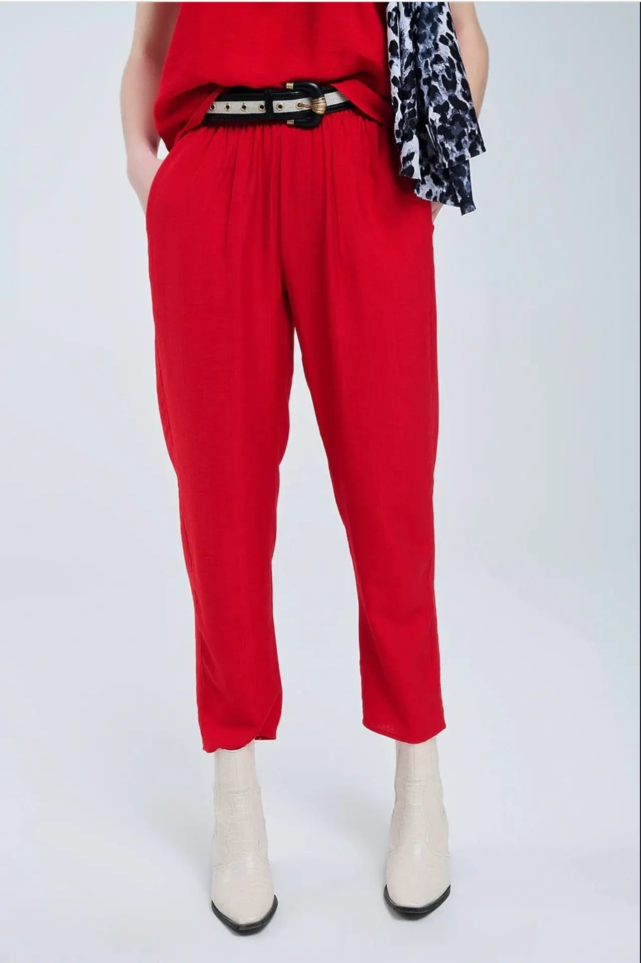 Q2 Summery Pants With Elastic Waist And Pockets In Red Q-2