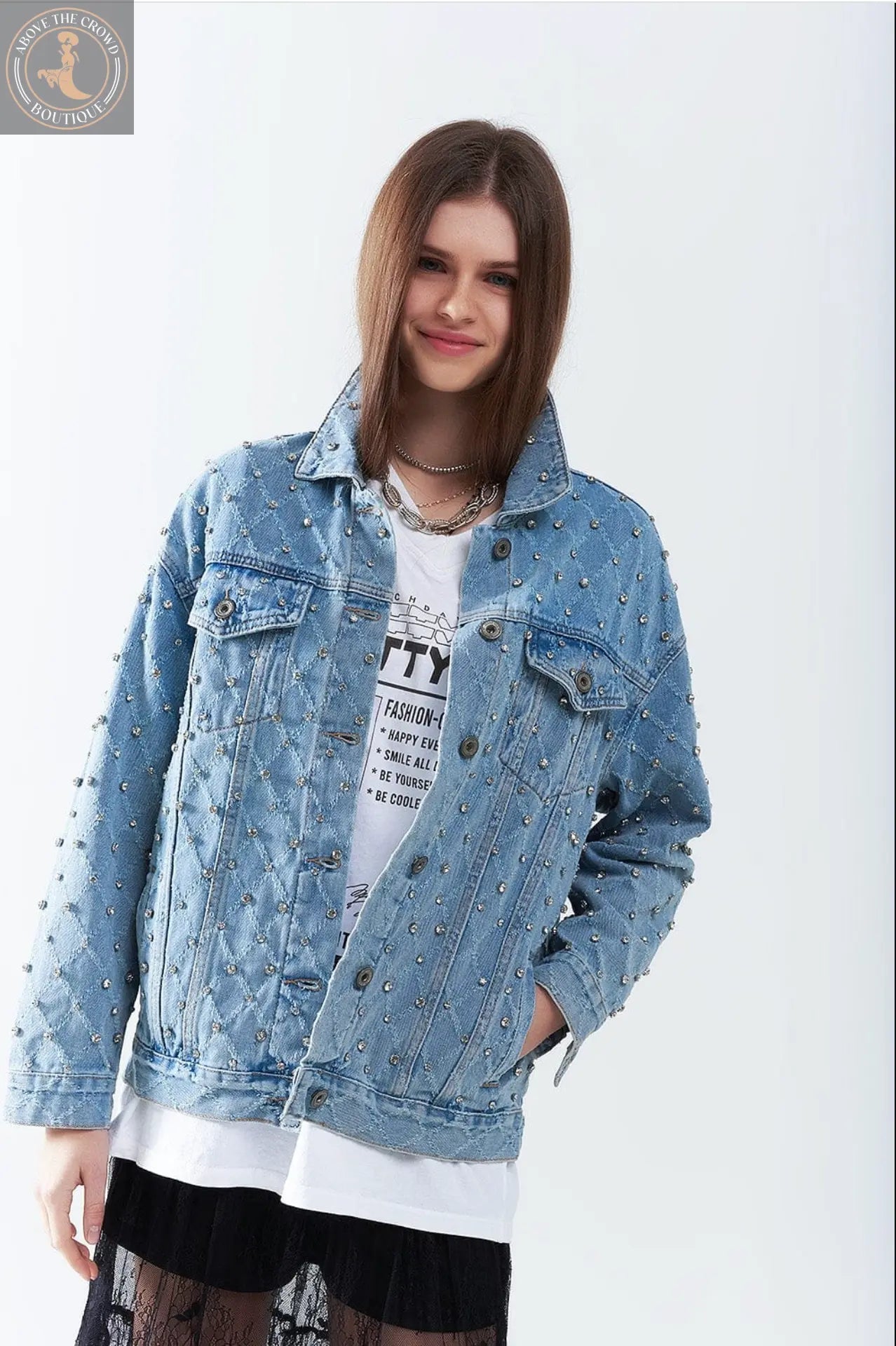 Q2 Wide Denim Jacket With Rhinestones In A Diamond Pattern Q-2