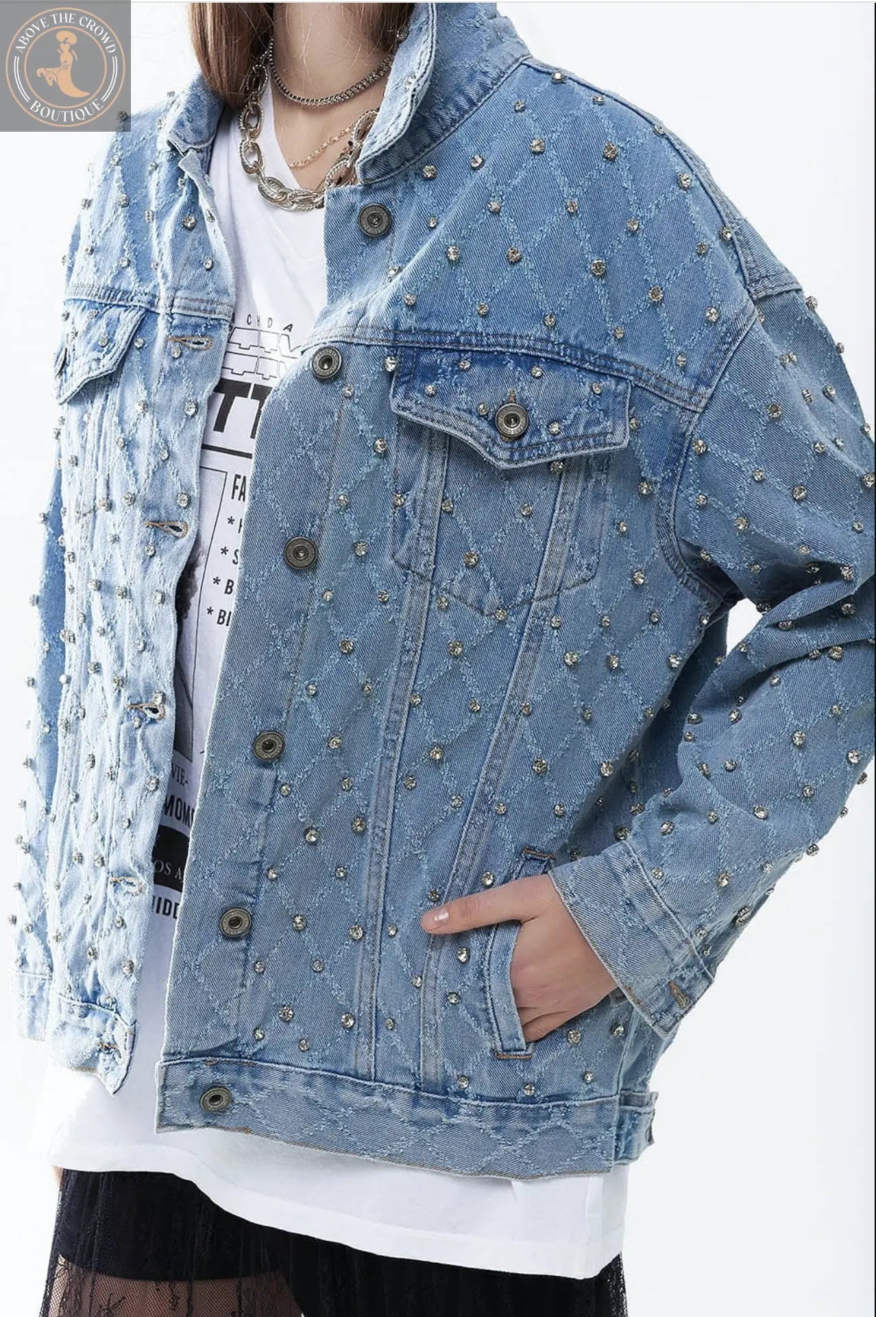 Q2 Wide Denim Jacket With Rhinestones In A Diamond Pattern Q-2