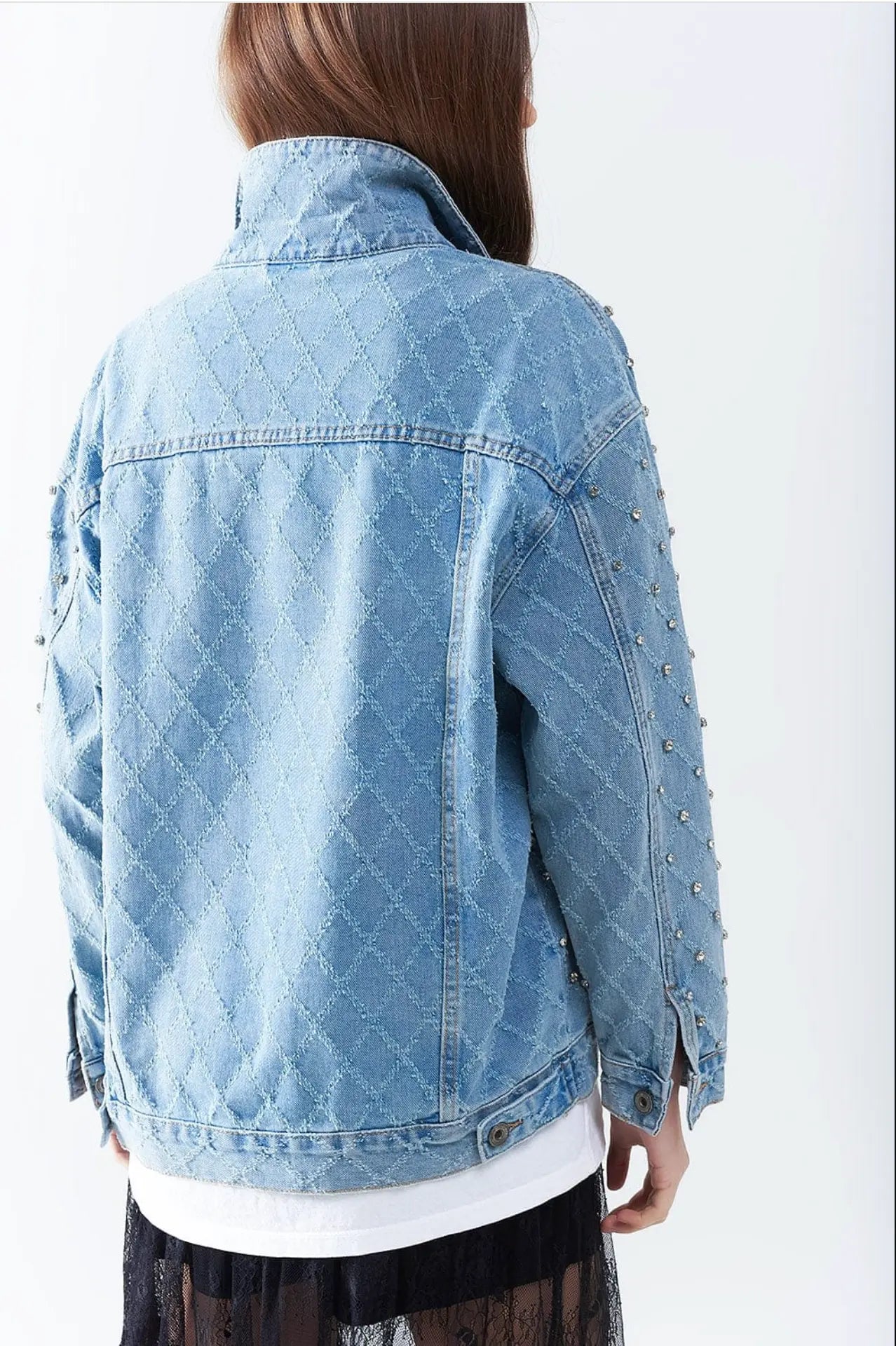 Q2 Wide Denim Jacket With Rhinestones In A Diamond Pattern Q-2