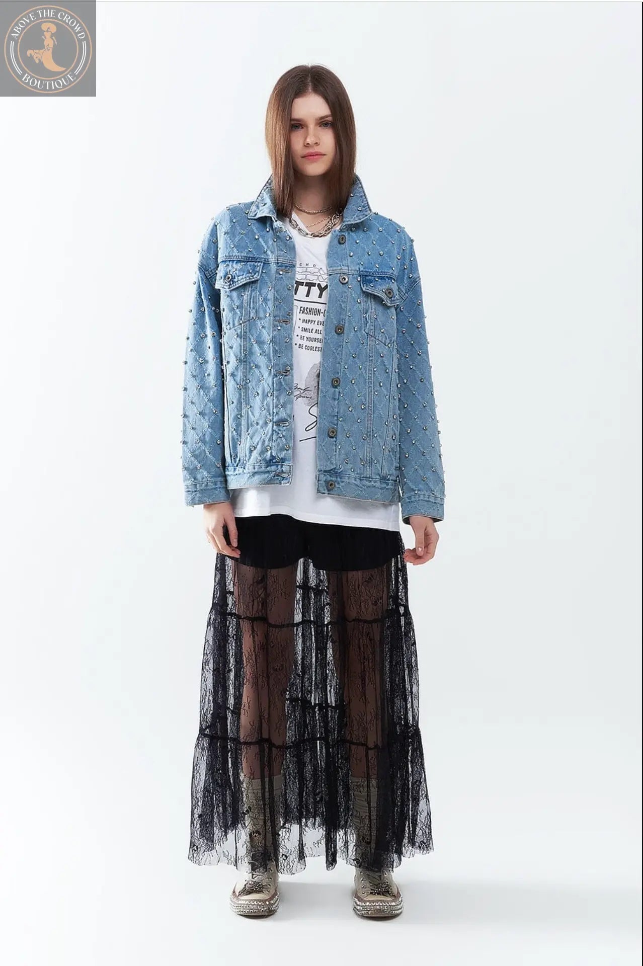 Q2 Wide Denim Jacket With Rhinestones In A Diamond Pattern Q-2