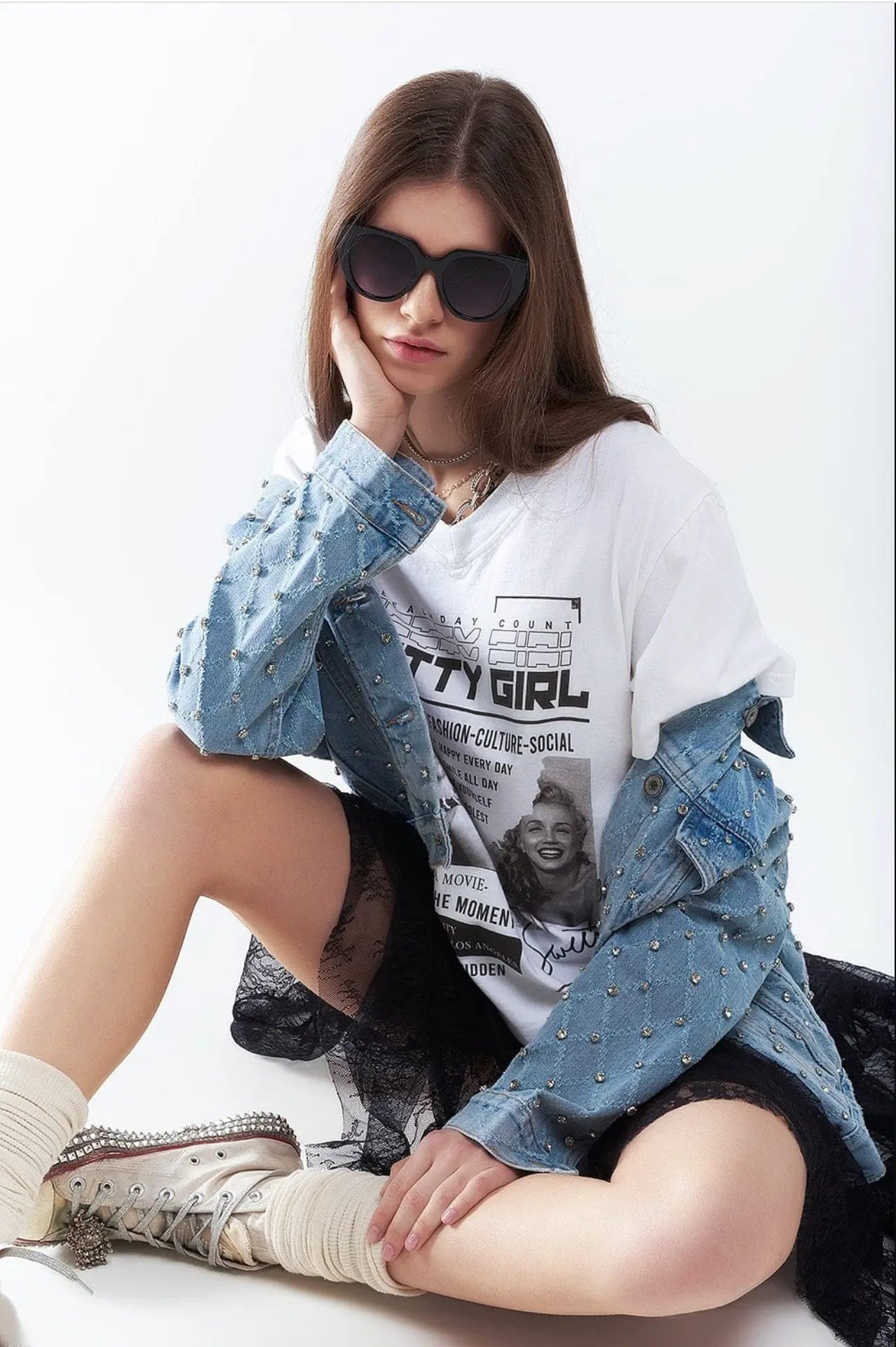 Q2 Wide Denim Jacket With Rhinestones In A Diamond Pattern Q-2