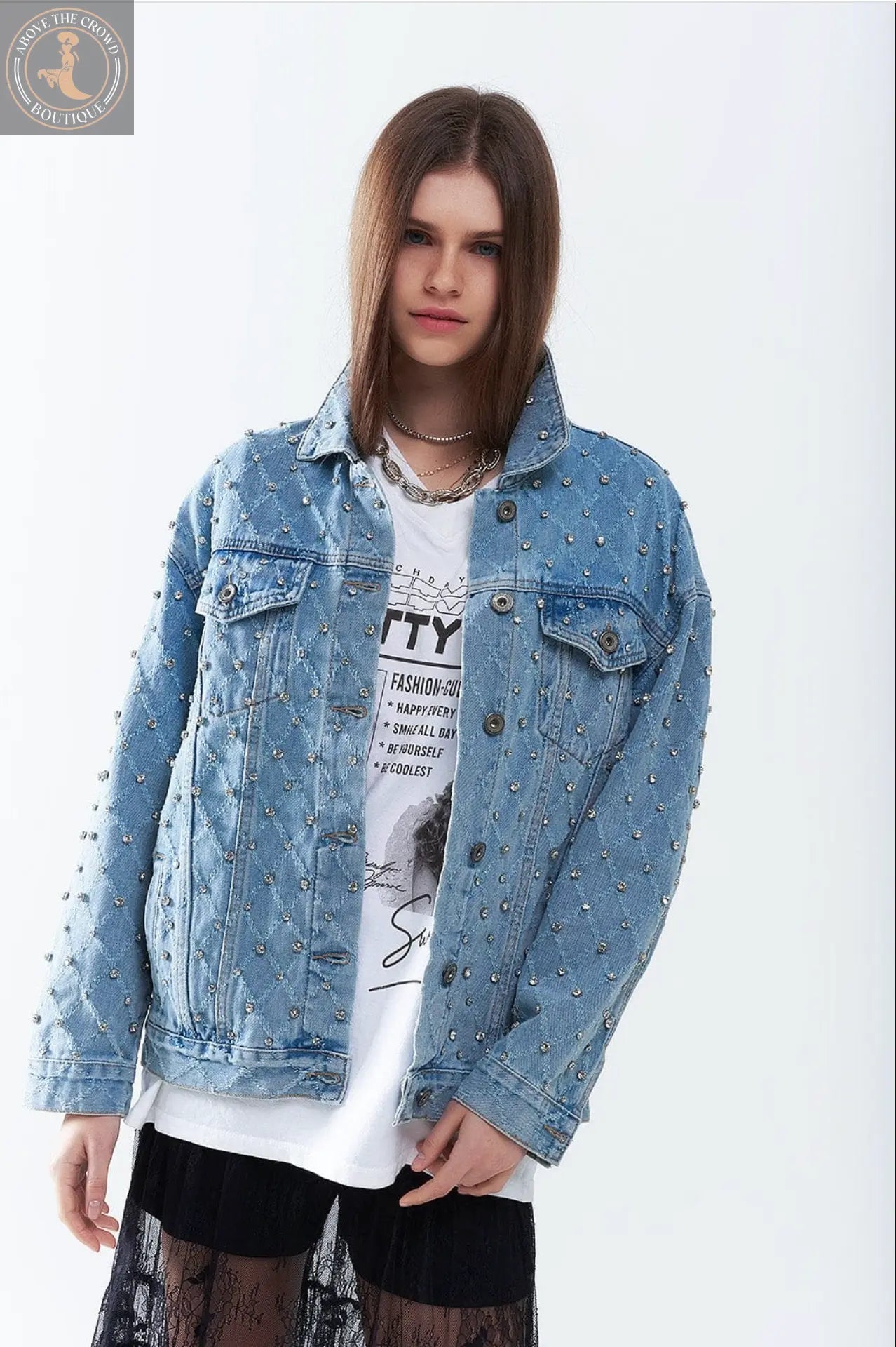Q2 Wide Denim Jacket With Rhinestones In A Diamond Pattern Q-2