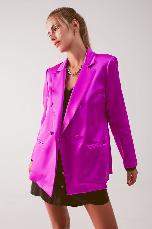 Satin Double Breasted Suit Blazer In Fuchsia - Above The Crowd Boutique