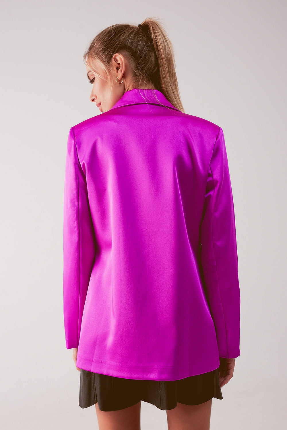 Satin Double Breasted Suit Blazer In Fuchsia - Above The Crowd Boutique