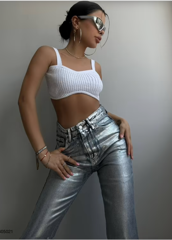 Radiant Metallic Silver High Waist Jeans | Distinctive European Coated Denim Lonca