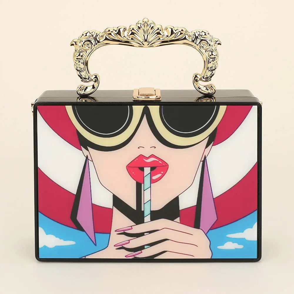 Retro Pop Art Lady Printed Box Clutch Bag / Crossbody Bag Sensibling Corp.