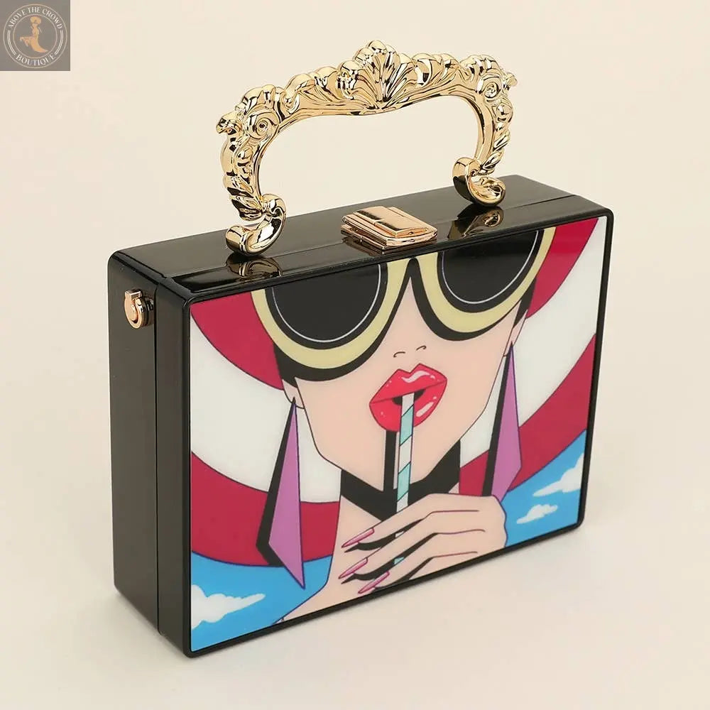 Retro Pop Art Lady Printed Box Clutch Bag / Crossbody Bag Sensibling Corp.