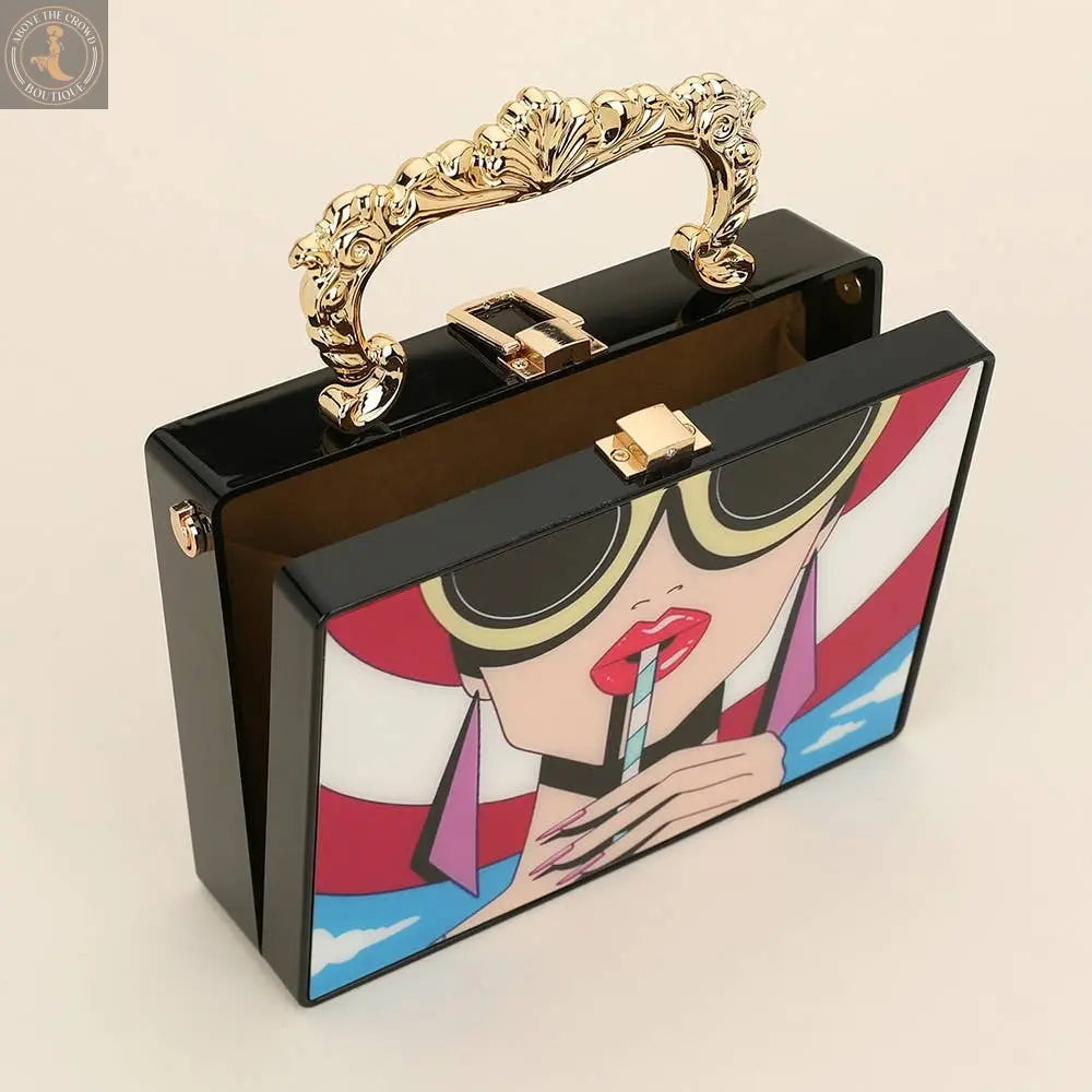 Retro Pop Art Lady Printed Box Clutch Bag / Crossbody Bag Sensibling Corp.