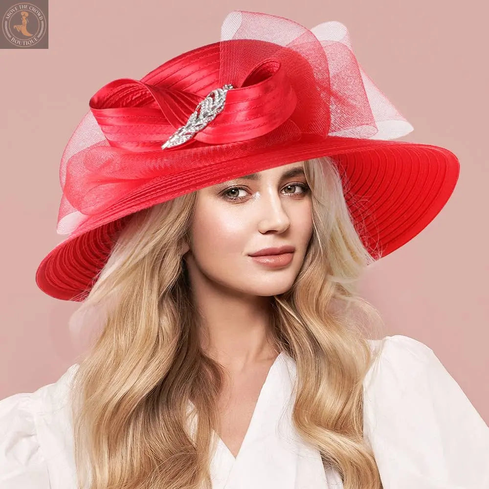 Mesh Bow Dressy Hat - Rhinestone Embellished Feather 