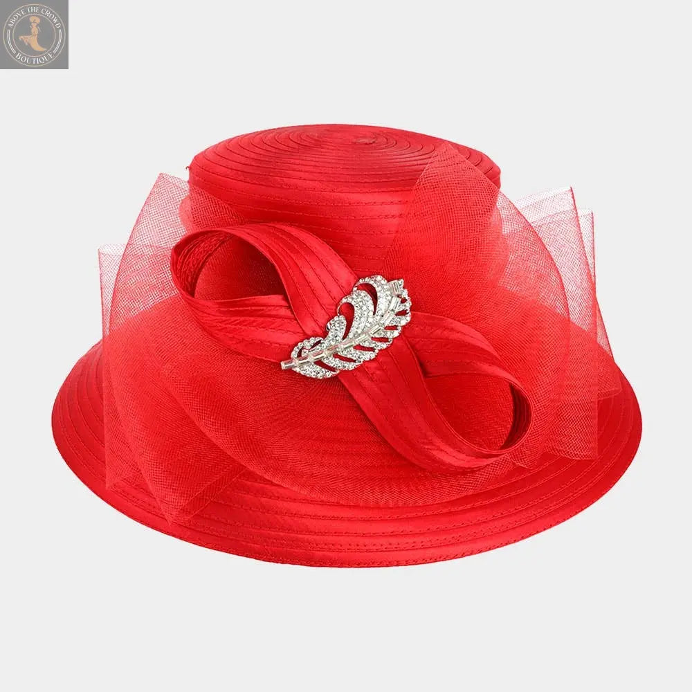 Rhinestone Embellished Feather Accented Mesh Bow Dressy Hat Sensibling Corp.