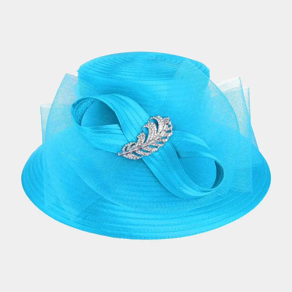 Rhinestone Embellished Feather Accented Mesh Bow Dressy Hat Sensibling Corp.
