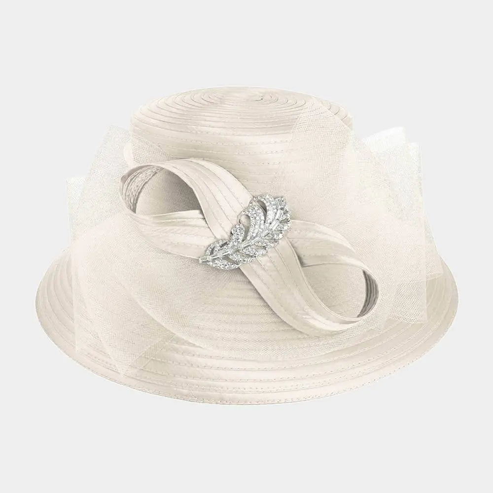 Rhinestone Embellished Feather Accented Mesh Bow Dressy Hat Sensibling Corp.