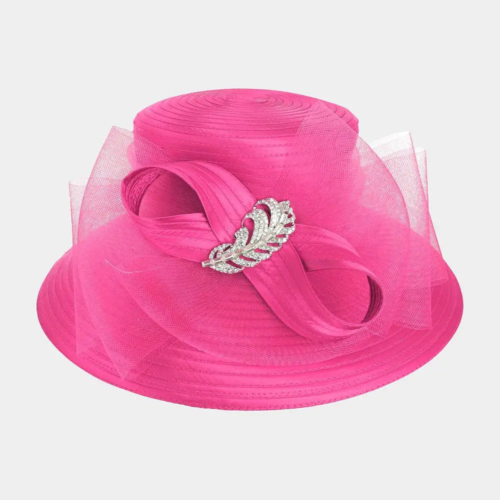 Rhinestone Embellished Feather Accented Mesh Bow Dressy Hat Sensibling Corp.