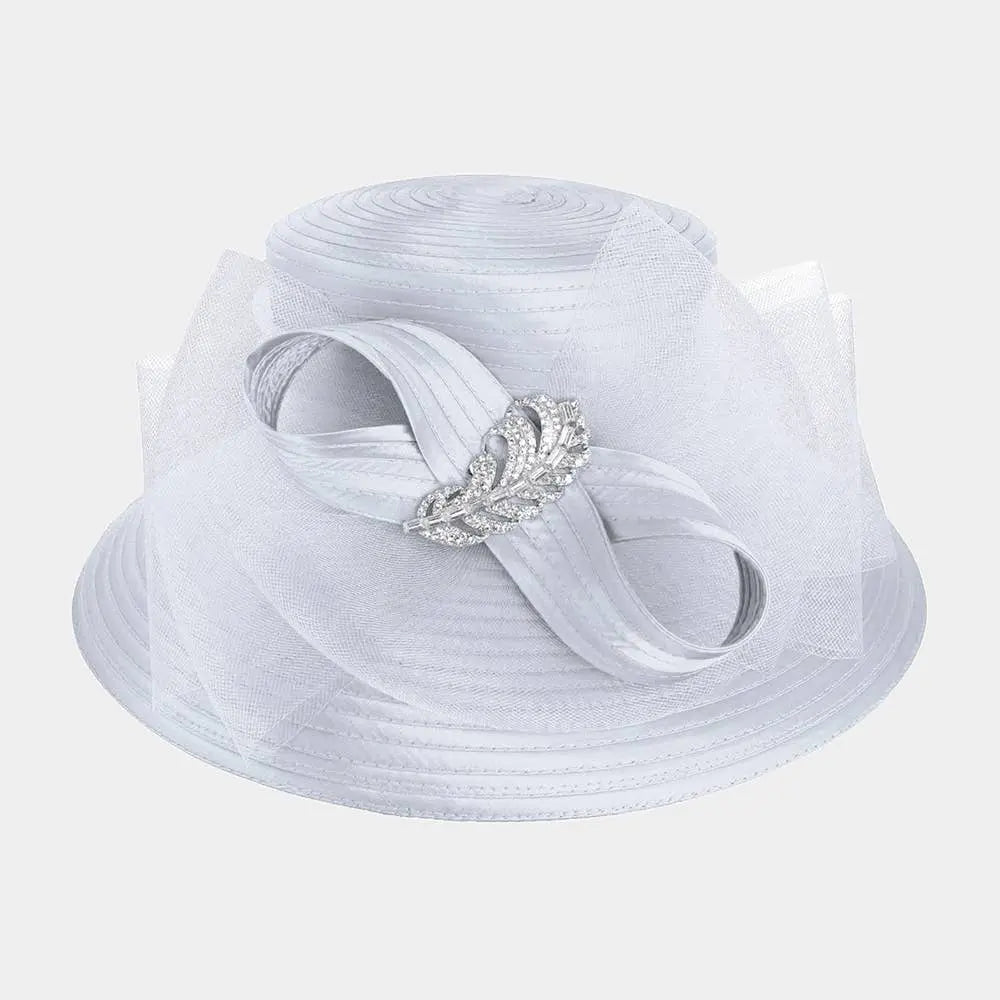 Rhinestone Embellished Feather Accented Mesh Bow Dressy Hat Sensibling Corp.
