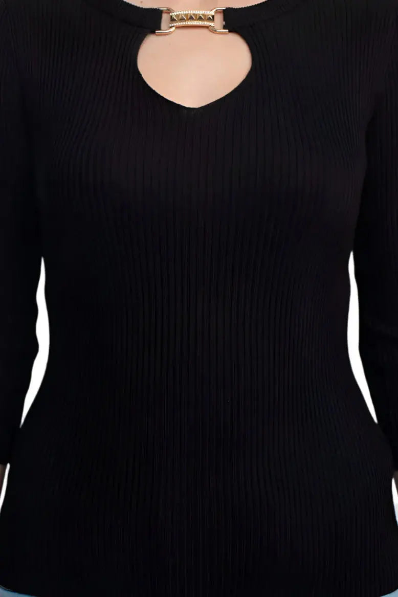 Ribbed Black Sweater - Heart Cut-Out Detail - European Chic Style Above The Crowd Boutique